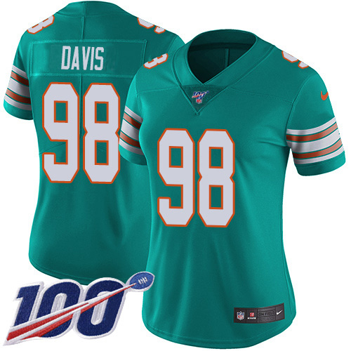 Nike Miami Dolphins #98 Raekwon Davis Aqua Green Alternate Women Stitched NFL 100th Season Vapor Untouchable Limited Jersey